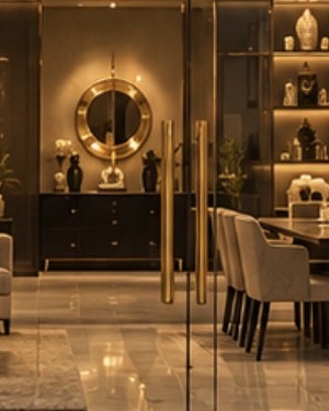 A black sideboard console beneath a round gold mirror