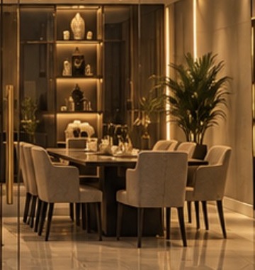 Upholstered dining chairs around a dark dining table in the showroom