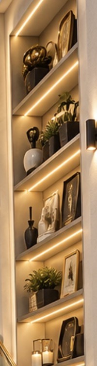 Lit shelves of vases, candles and decorative objects