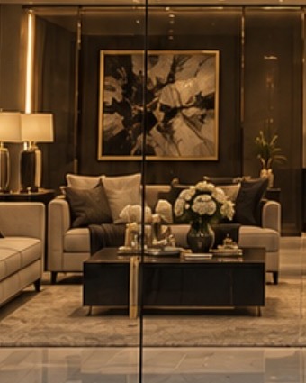Cream sofas, a black coffee table and abstract art in the showroom