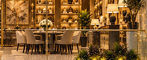 Upholstered dining chairs around a long table beneath display shelving