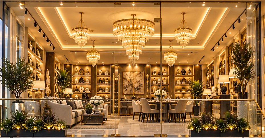 The glass-fronted upper floor lit at dusk, with chandeliers, a cream sofa and a dining set