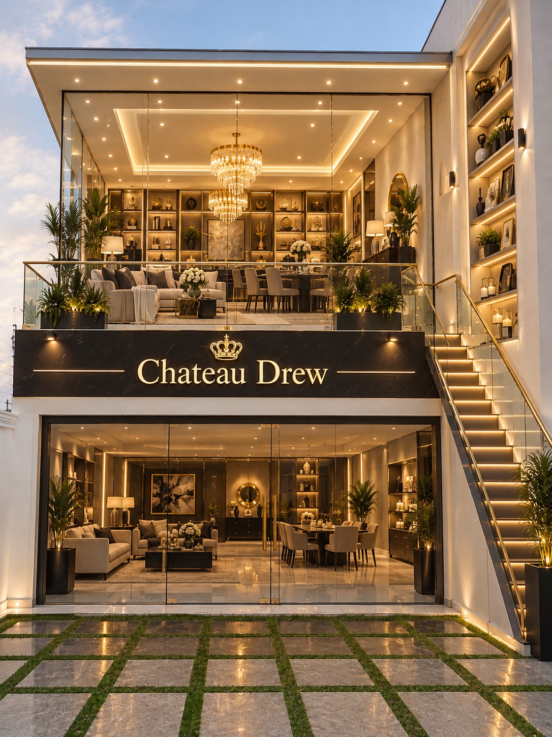 The Chateau showroom at dusk: two glass-fronted floors of furniture, chandeliers and lit shelving