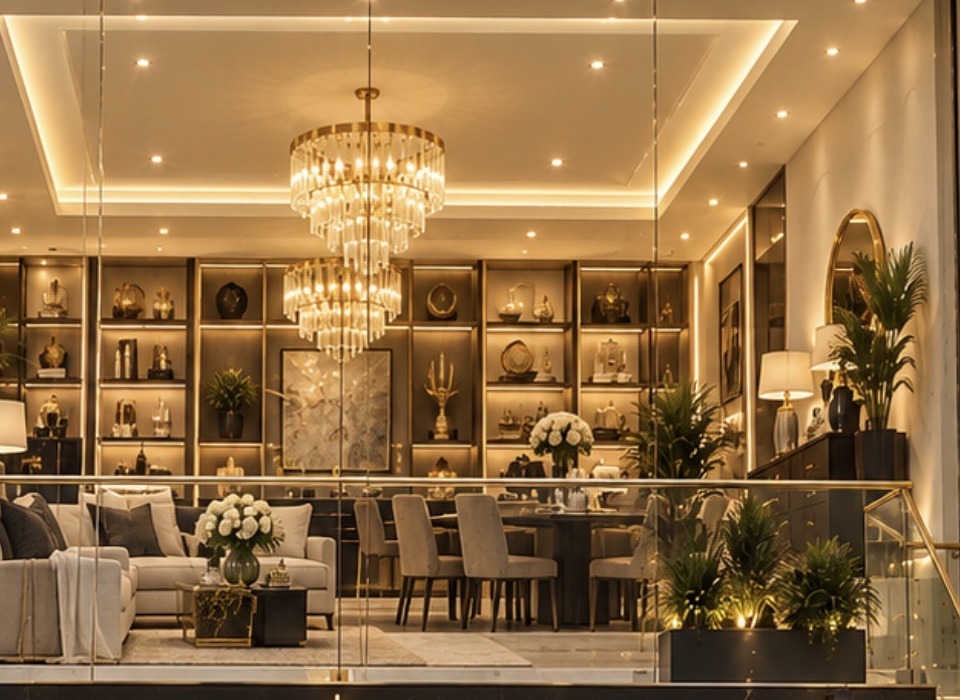 The upper showroom floor with crystal chandeliers, a dining set and lit display shelving